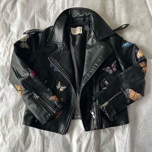 Girls faux leather butterfly embroidered jacket
